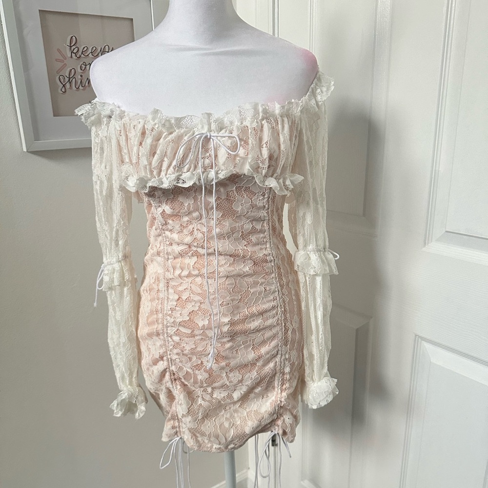 White & Nude Lace Off The Shoulder Dress - sz M